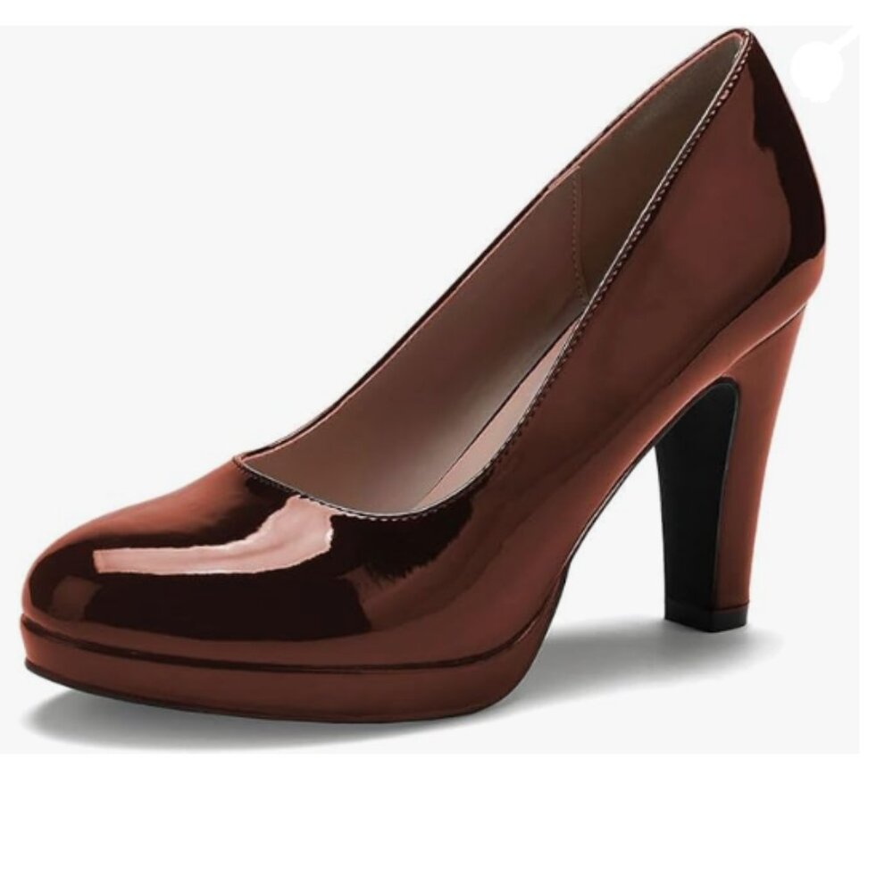 Miss Left Brown Low Platform Chunky High Heels Slip On Closed Round Toe Pump